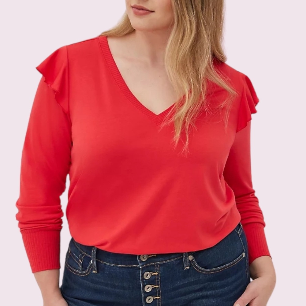 NEW Torrid Ruffle Shoulder French Terry Romantic Red Sweater Size 1X